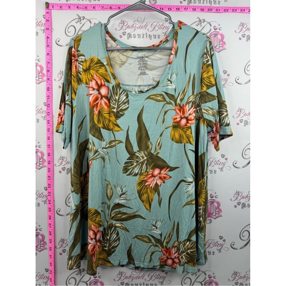 George tshirt flowers Floral Scoop Neck Tee - Light Aqua with Coral Flowers